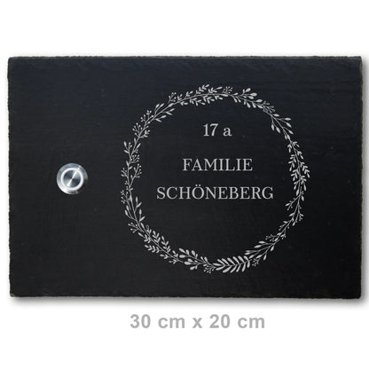Personalisierbares Klingelschild aus Schiefer - Motiv KRANZ - Jeske Design
